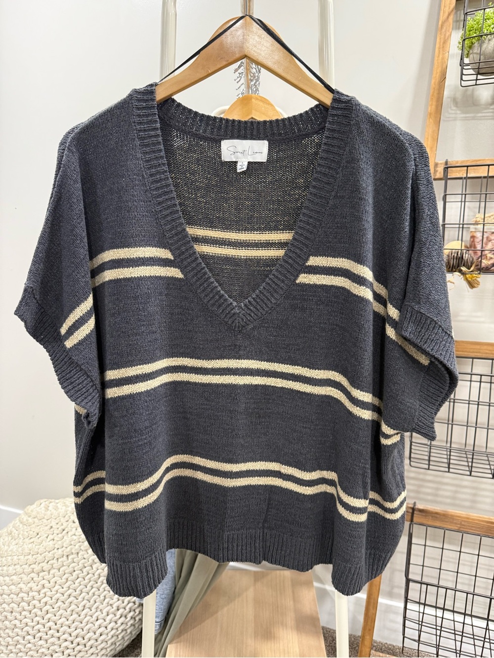 Striped Batwing V-Neck Knit Oversized Sweater - Gray & Cream